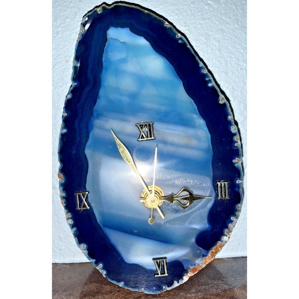 Vintage Blue Agate Slice Mantel Clock Quartz Movement 6" Stone Decor